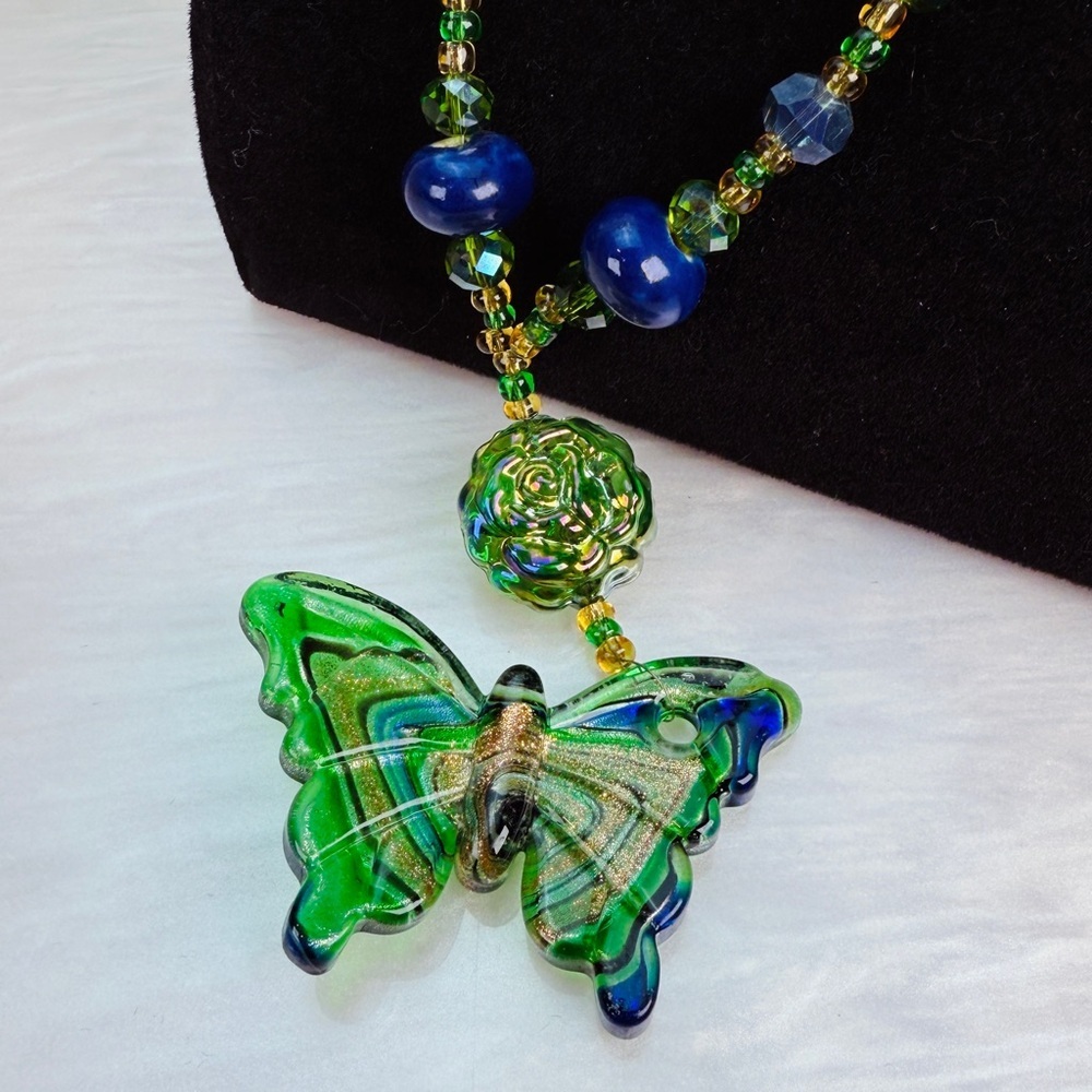 Artisan Glass Butterfly Statement Necklace Wearable Art One of a Kind